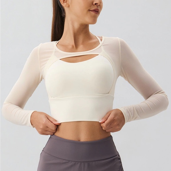 Berlook Tops - Berlook Activewear Beige Cut Out Long Sleeve Top--Light Support